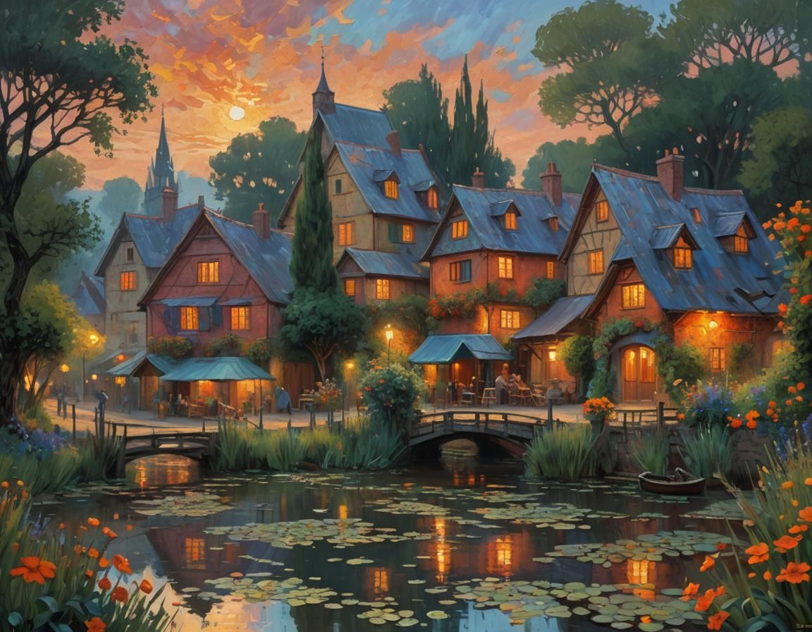 Vibrant Impressionist Village at Dusk in Oil