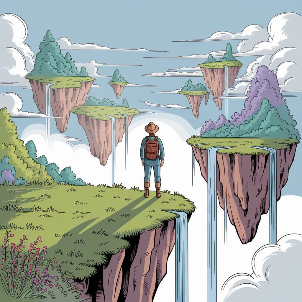 Whimsical Dreamscapes: A Lone Adventurer on a Floating Islan...