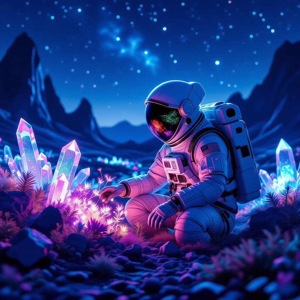 Astronaut Tends Alien Garden in Ethereal Light