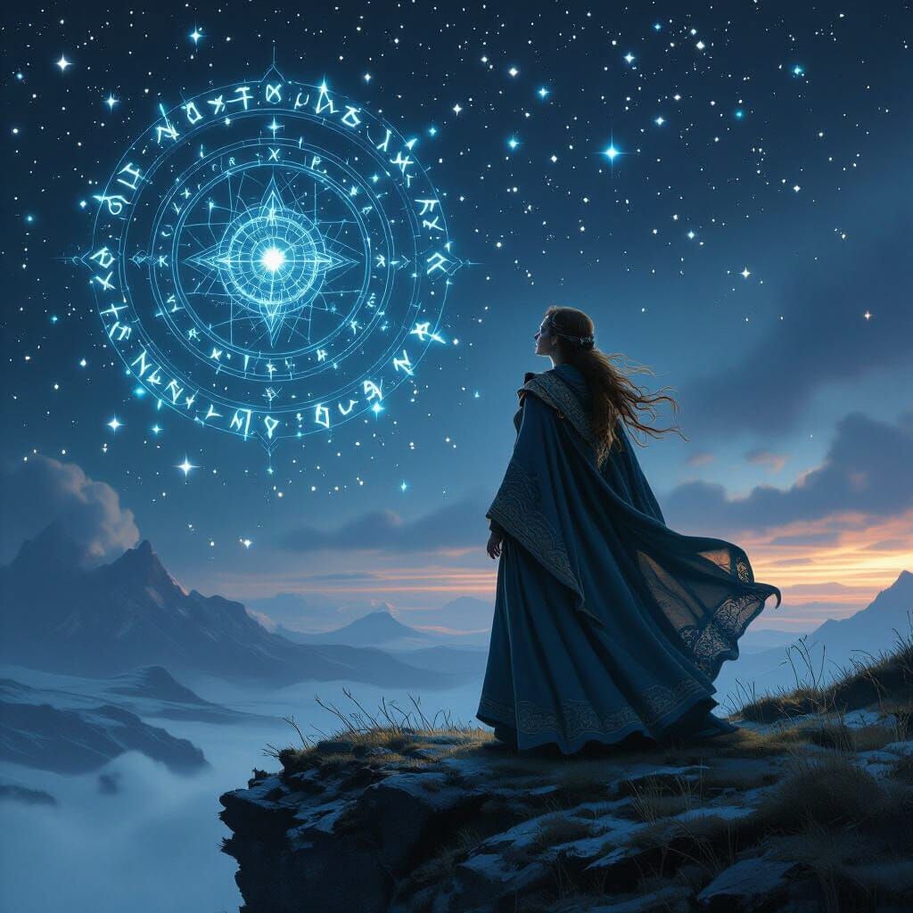 Nordic Sorceress Under Runestone Constellations