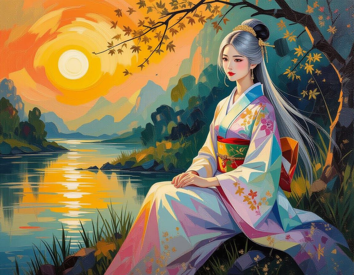 Ethereal Woman by River in Oil Painting Style