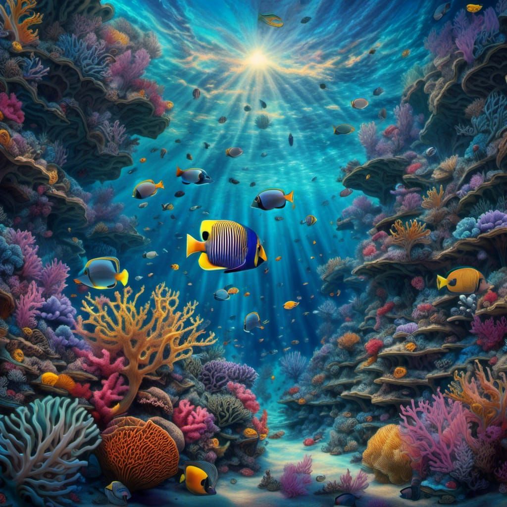 Underwater Landscape with Coral Reef and Marine Life