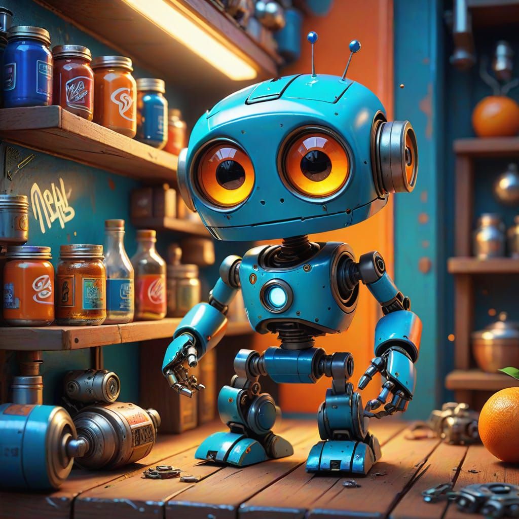 Whimsical Robot Explores Human Trinkets on a Vibrant Shelf
