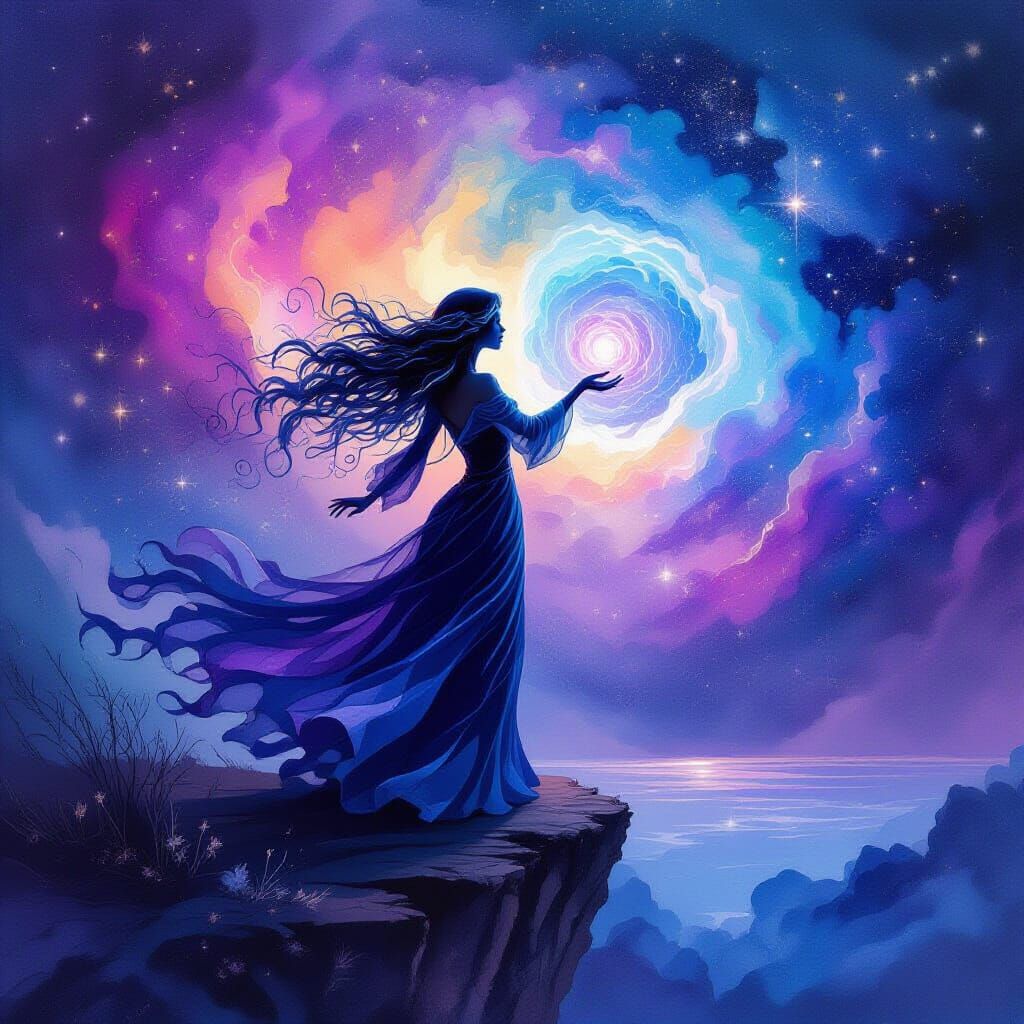 Ethereal Witch Conjuring Cosmic Energy on Nebula Precipice