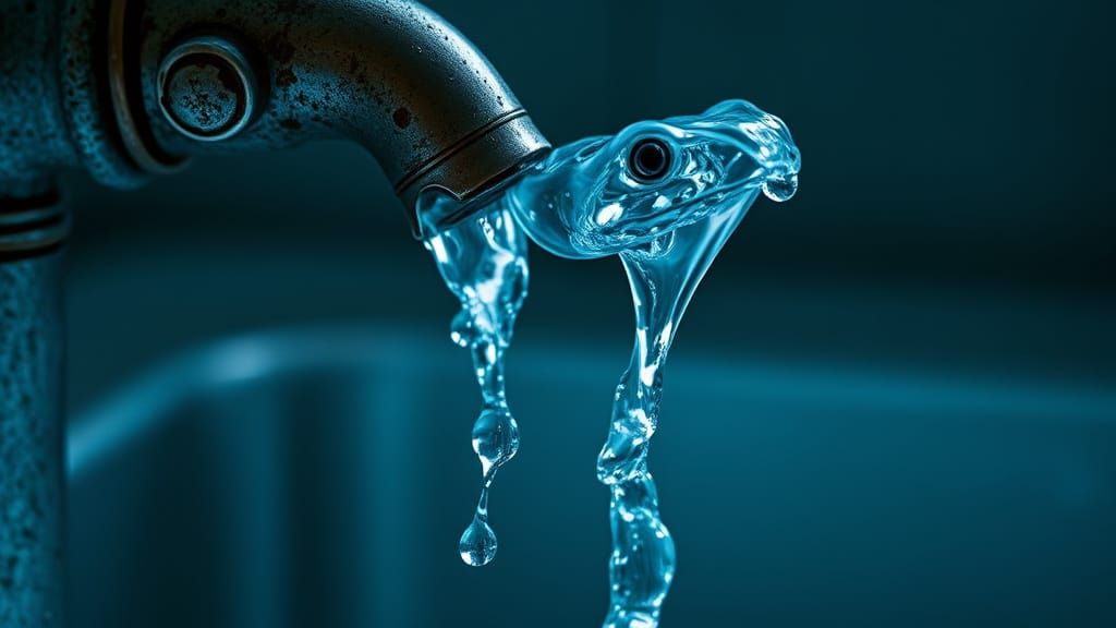 Ethereal Liquid Serpent Emerges from Faucet in Surreal Scene