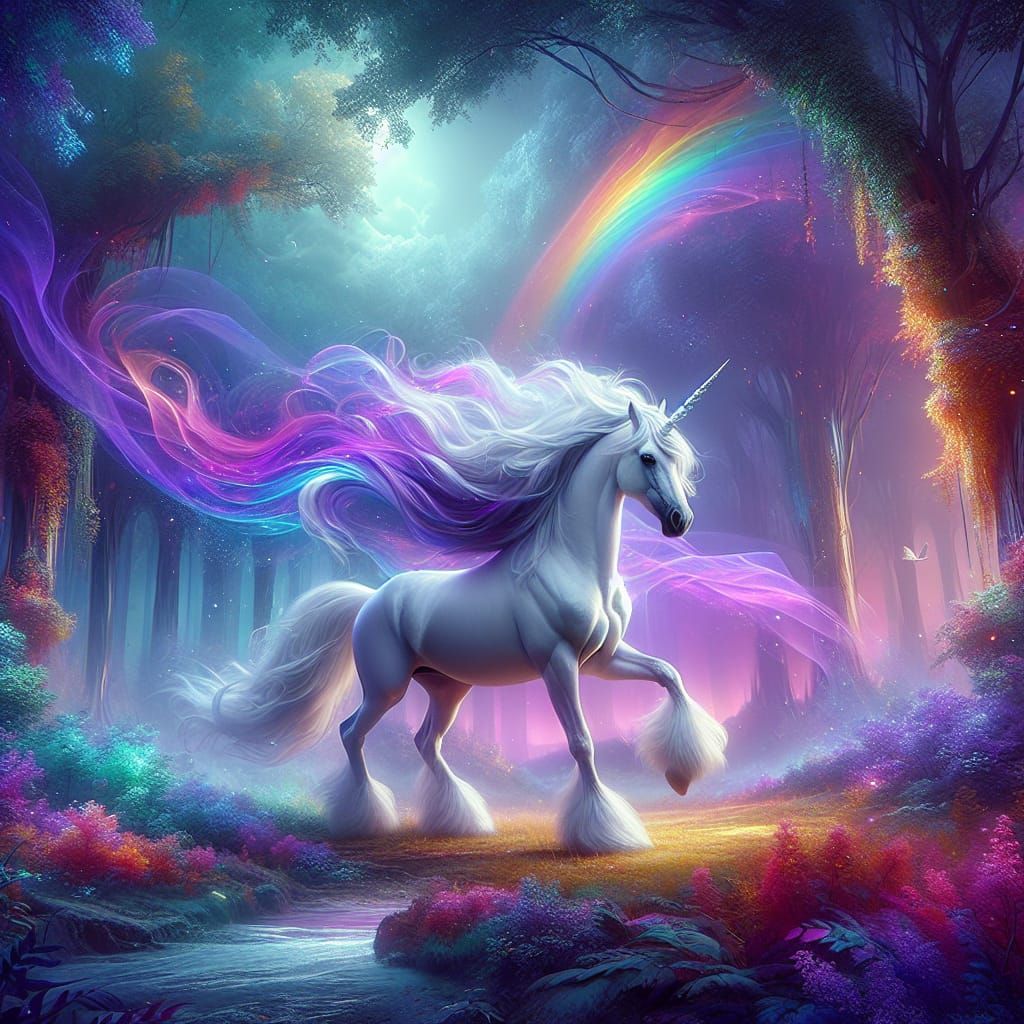 Enchanted Unicorn in Mystical Forest: Matte Painting