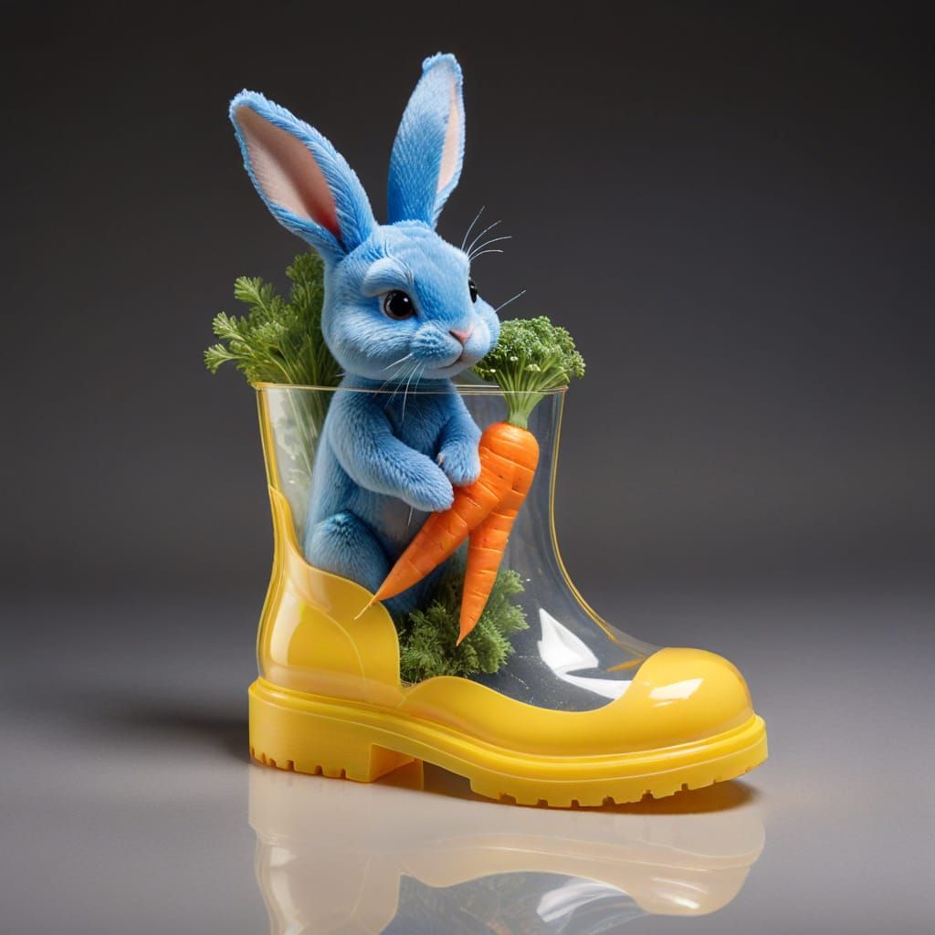 Blue Rabbit with Carrot in Transparent Yellow Boot