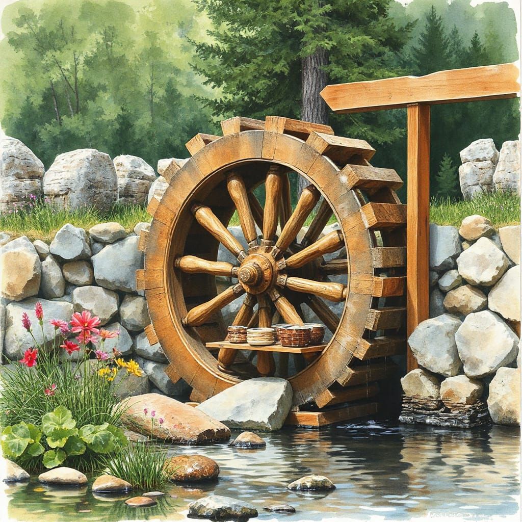 Wet-on-wet watercolor, wonderful wooden waterwheel, windy, wet, wildflowers
