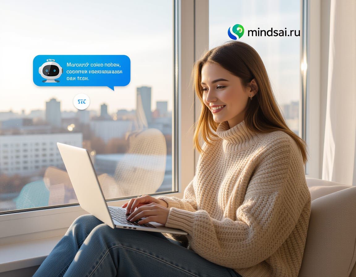 Woman at Laptop with City View, Photorealistic Style