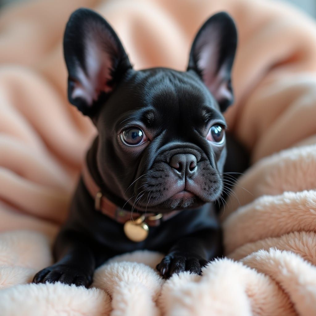 Cozy Black French Bulldog Puppy on Pastel-Colored Blanket