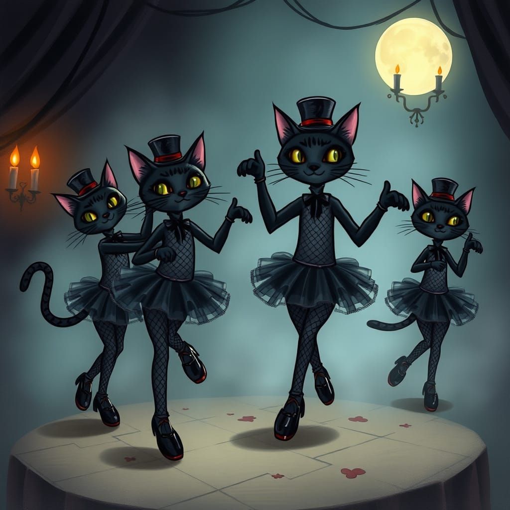 Gothic Cartoon Cats Tap Dance in Fanciful Tutus