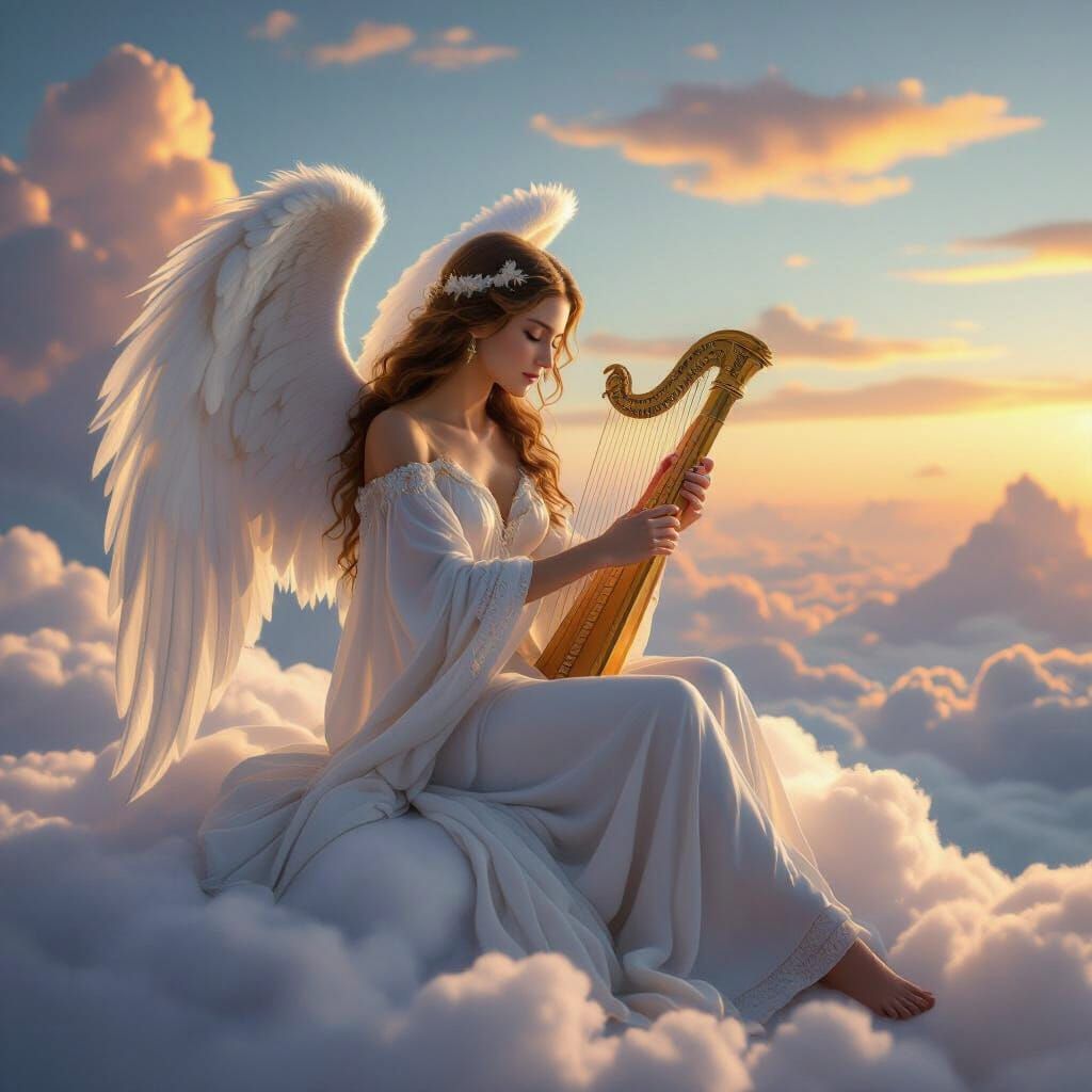 Angel Playing Harp on Cloud in Celestial Dawn