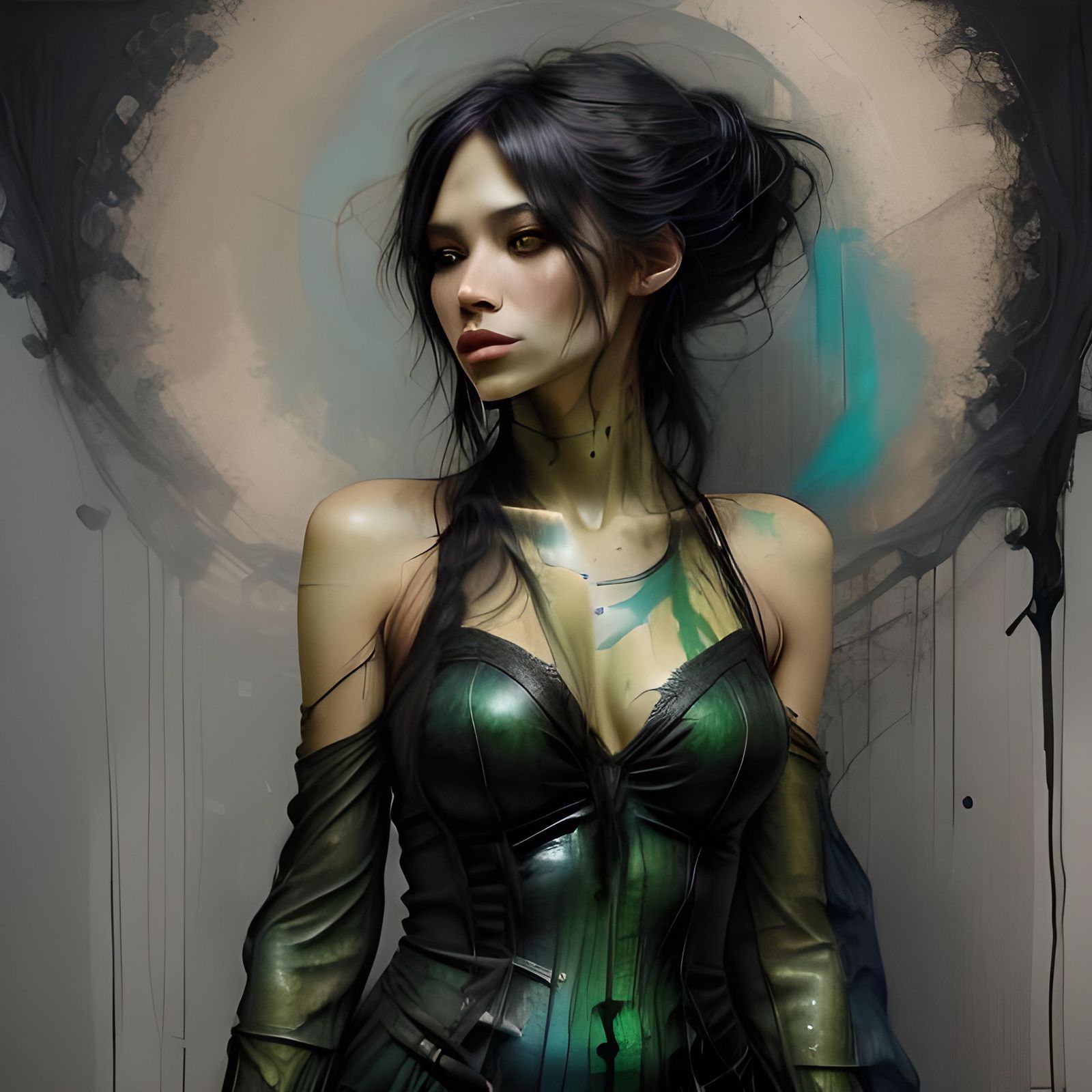 Woman in Green Dress, Urban Impasto Portrait