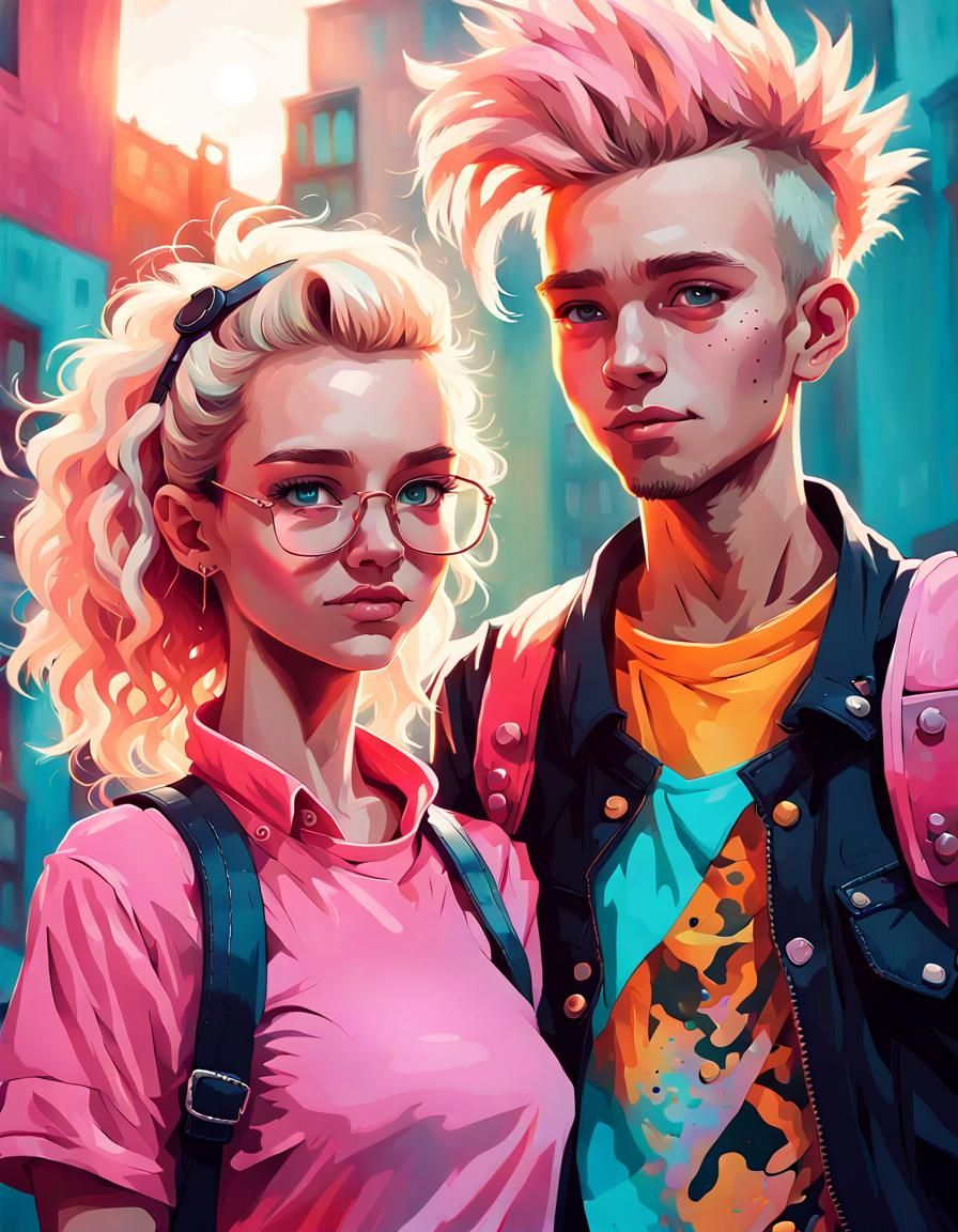 Whimsical Portrait of Punk Teen Couple