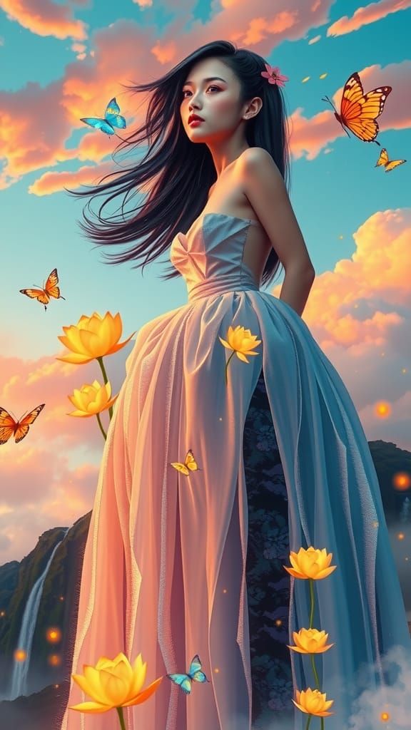 Celestial Asian Woman at Towering Waterfall in Graffiti Art