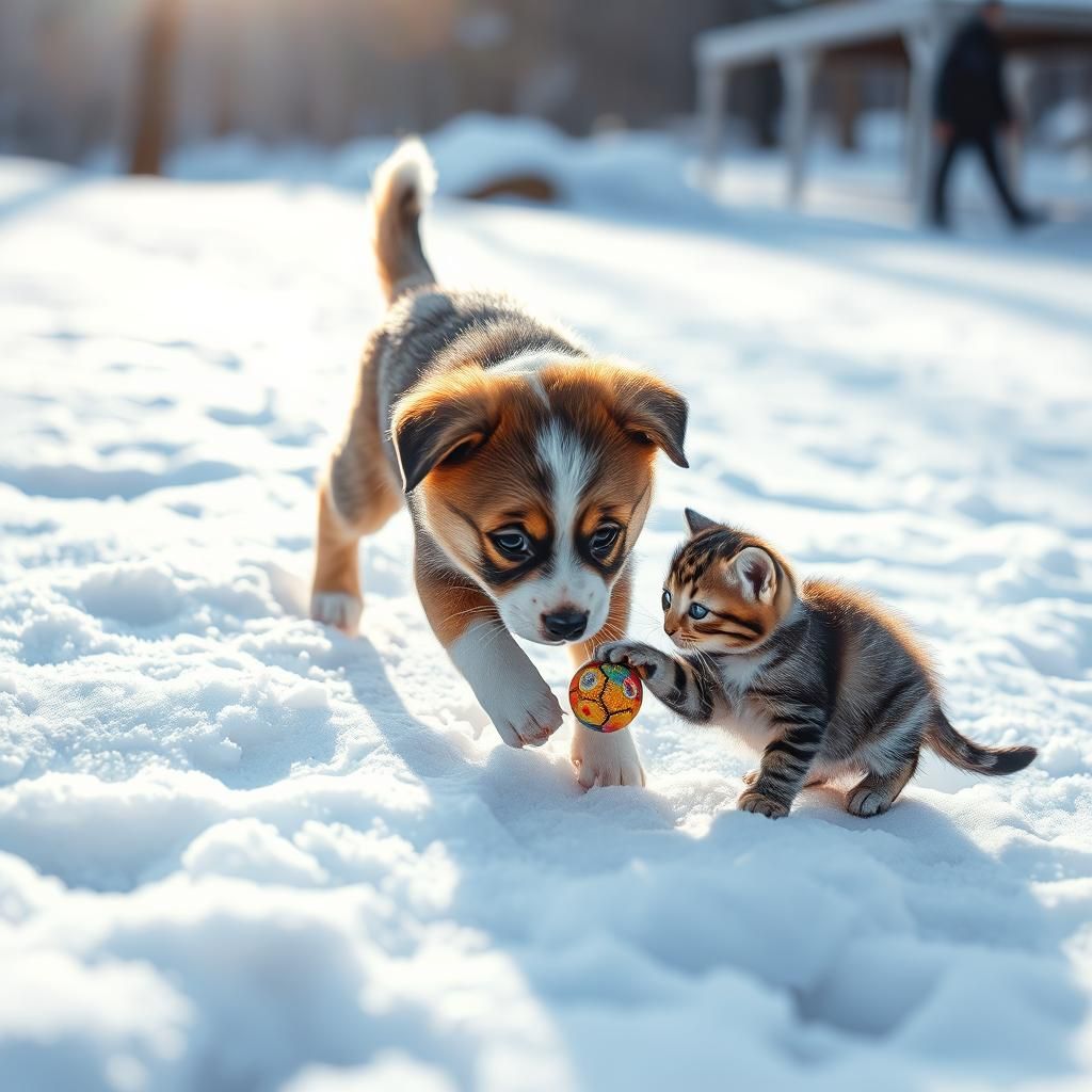 Puppy and Kitten Play in the Snow