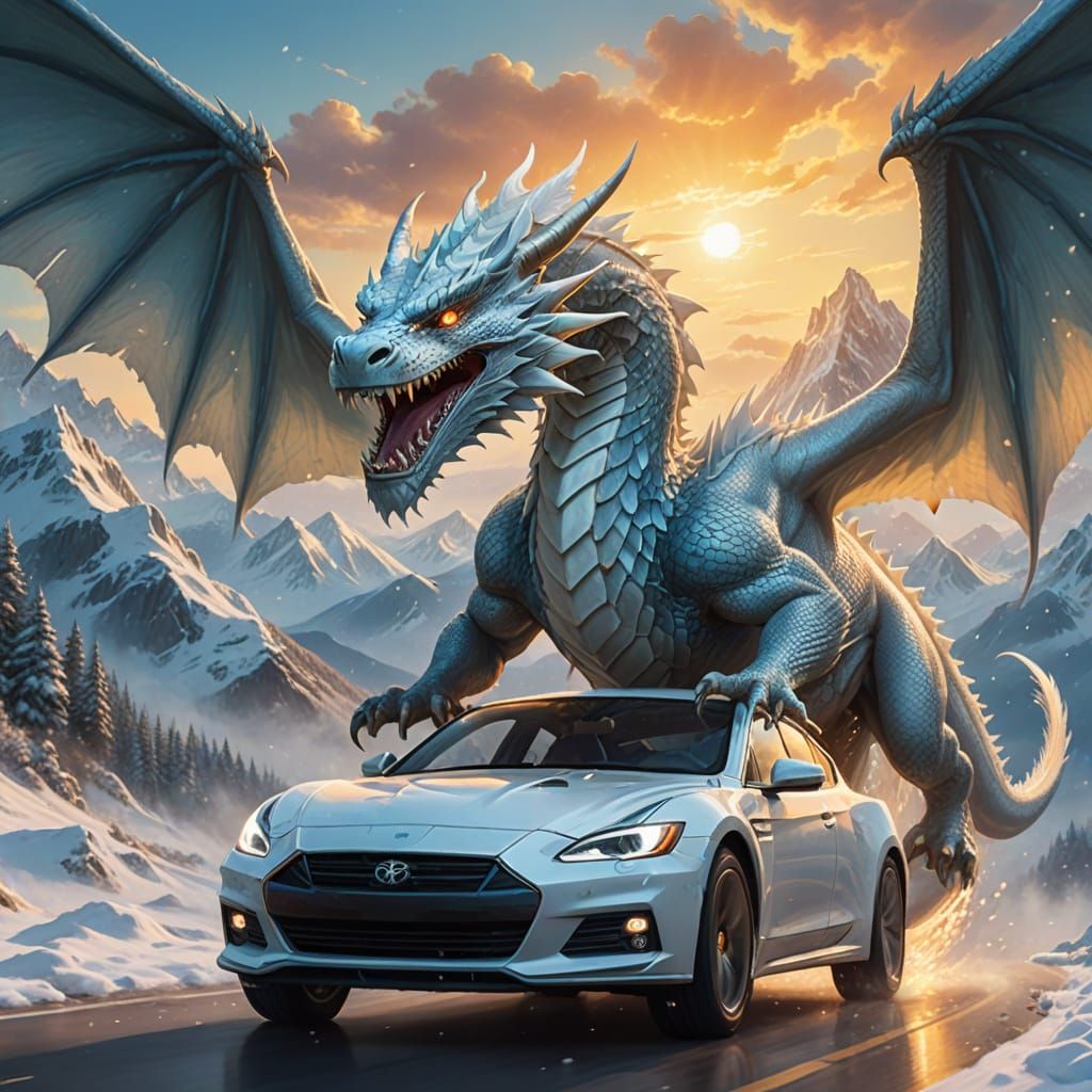 Majestic Ice Dragon Car Rescue in Digital Art