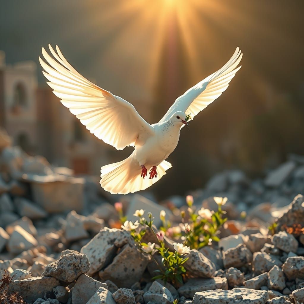 Peaceful Dove Descends Amidst War-Torn Ruins