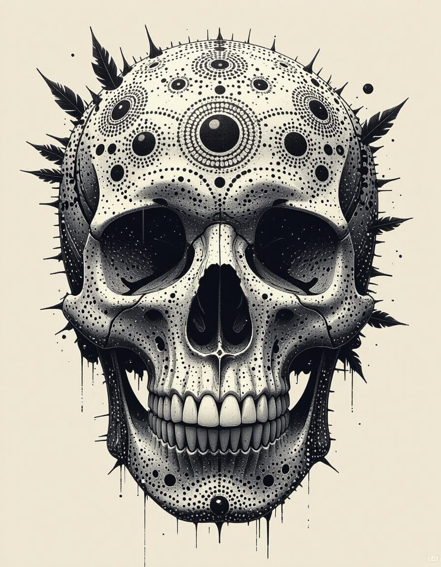 Monochrome Skull with Aboriginal Dot Art in Matte Style