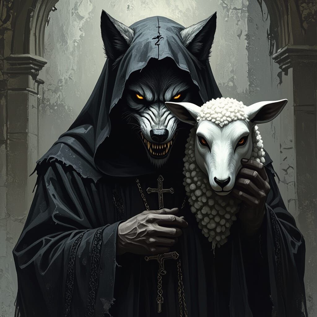 Menacing Wolf Priest with Sheep Mask, Dark Surrealism