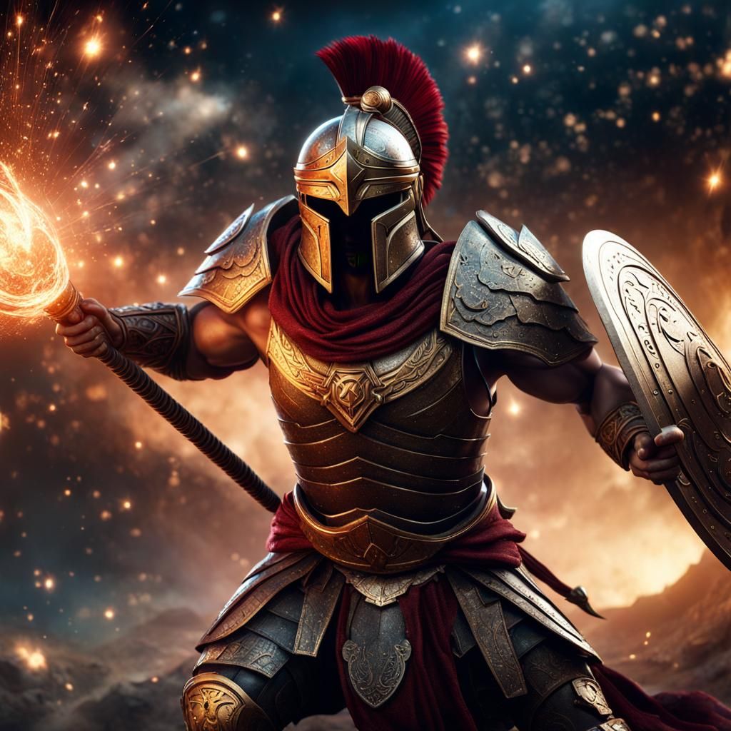 Epic Spartan Warrior in Galaxy Battle, Detailed CGI