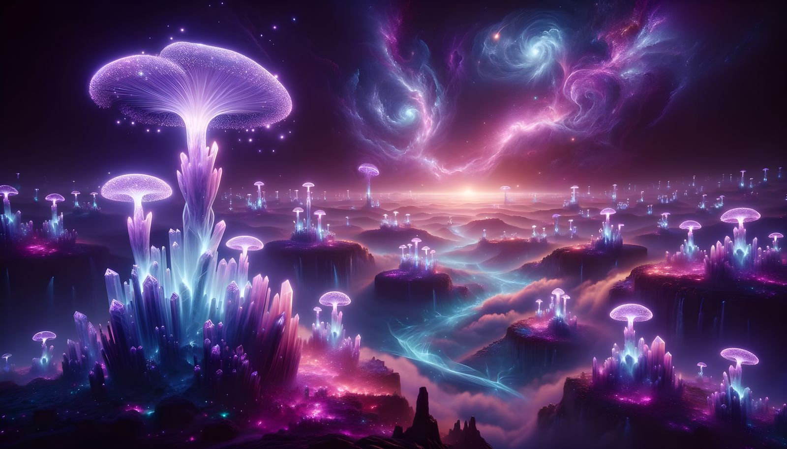 Mystical Alien Landscape with Glowing Mushroom Structures