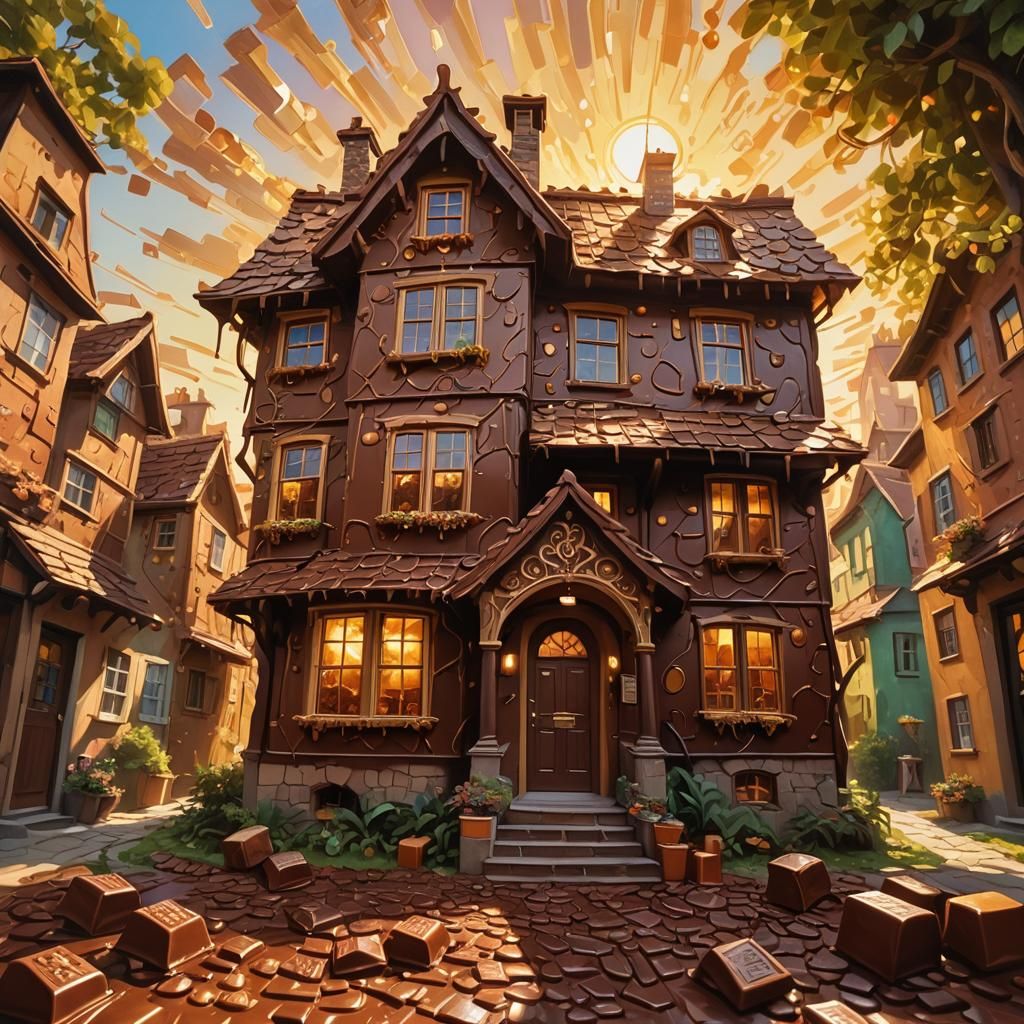 Chocolate House in Candy Land: Oil Painting Style