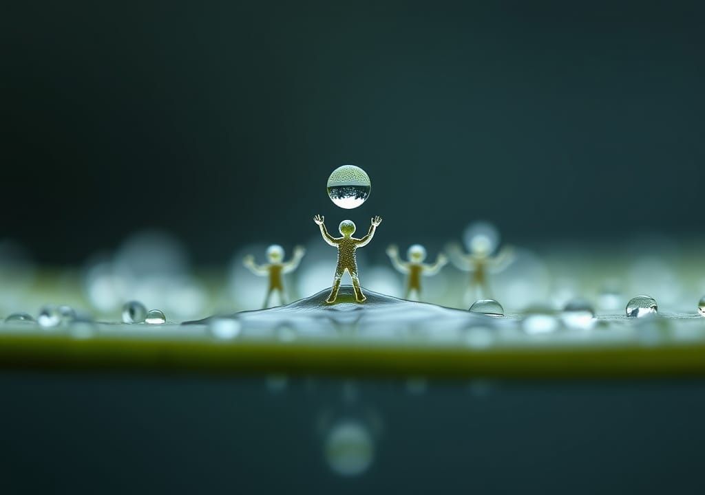 Water People Emerge from Dewdrop: Macro Photography