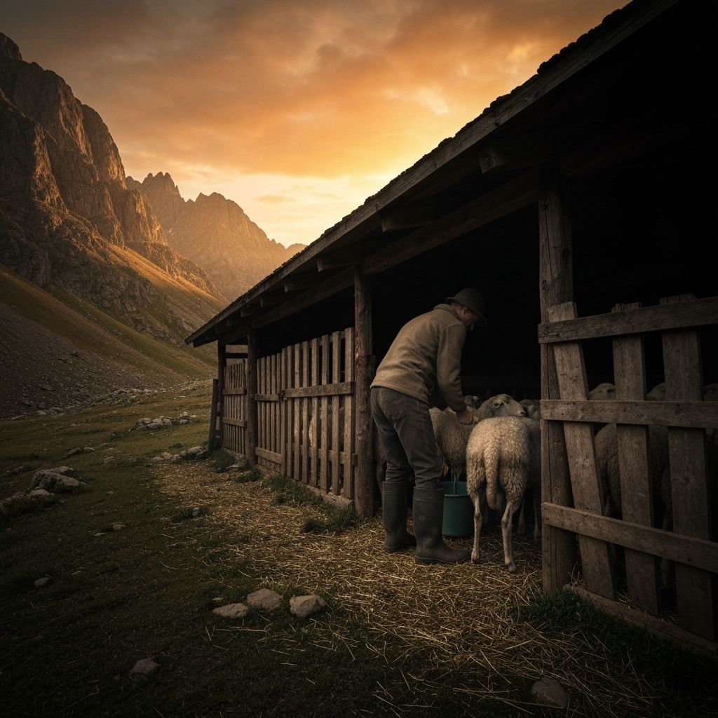 Mountain Shepherd Milking Sheep at Sunset