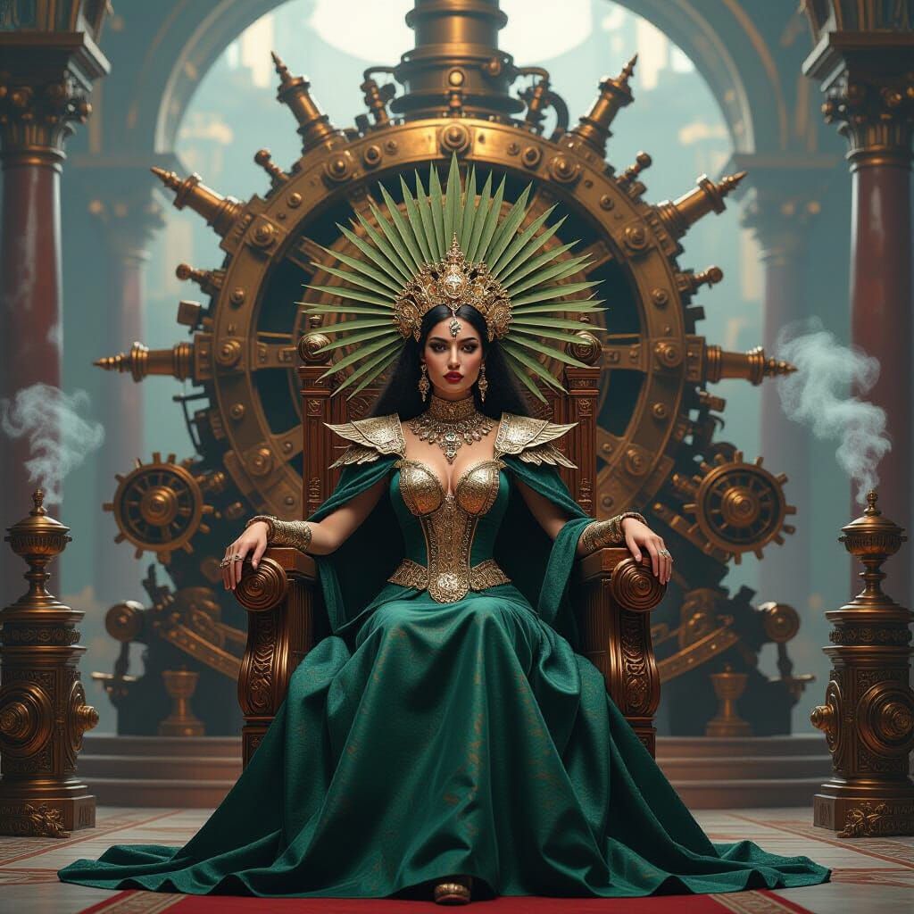 Steampunk Queen on Date Palm Throne with Brass Engine