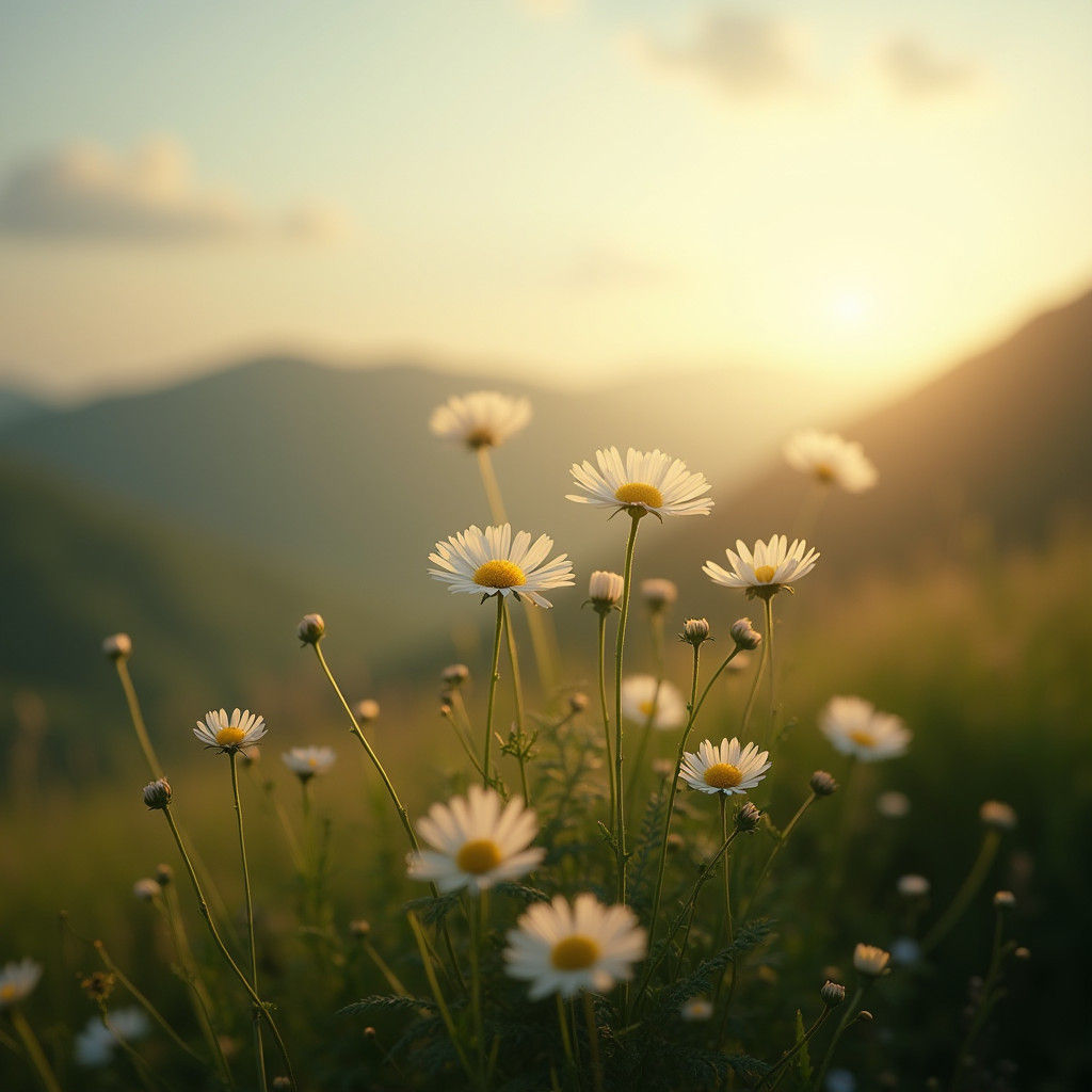 Daisies Float in Golden Light on Rolling Hills