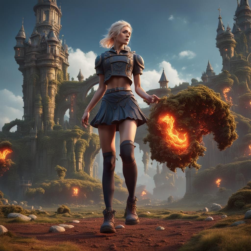 Blonde Model in Miniskirt: Detailed Matte Painting