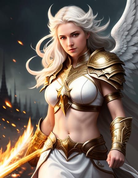 Female Battle Cleric in White Flames: Dark Fantasy