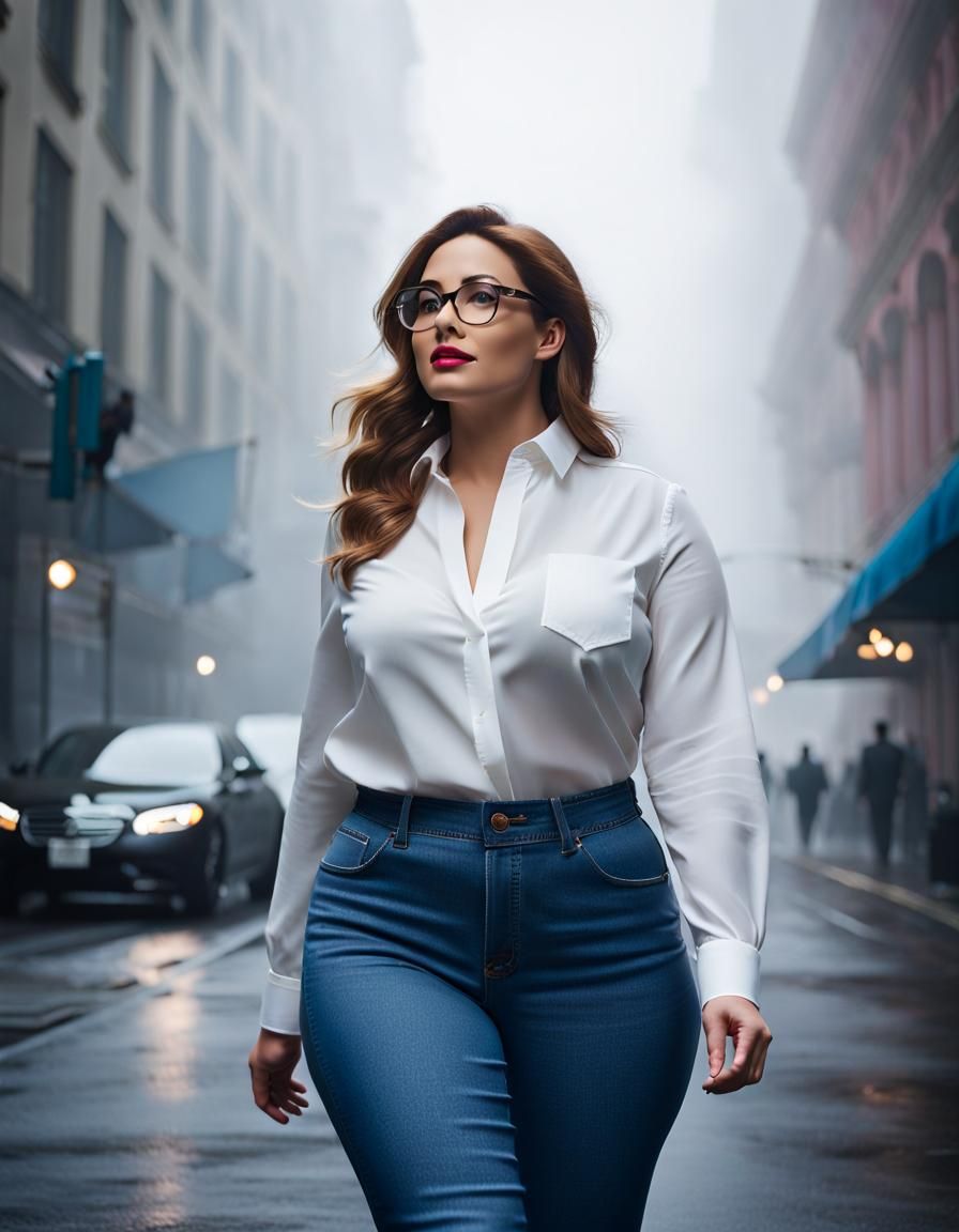 Curvy Businesswoman Walking in Foggy City with Color Burst