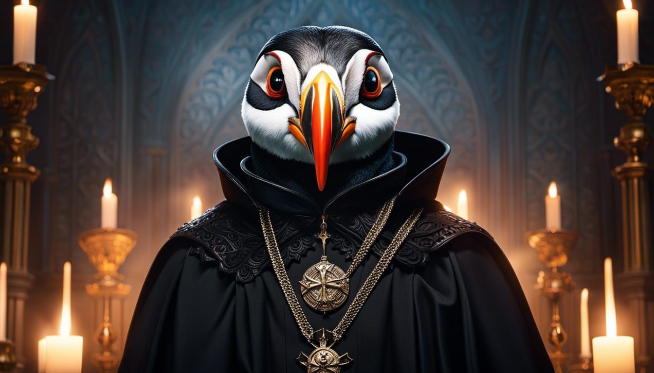 Gothic Puffin Priest in Baphomet Church: Detailed Photograph