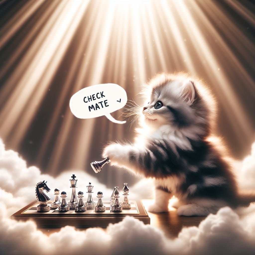 Fluffy Kitten Wins Chess Game in Divine Light