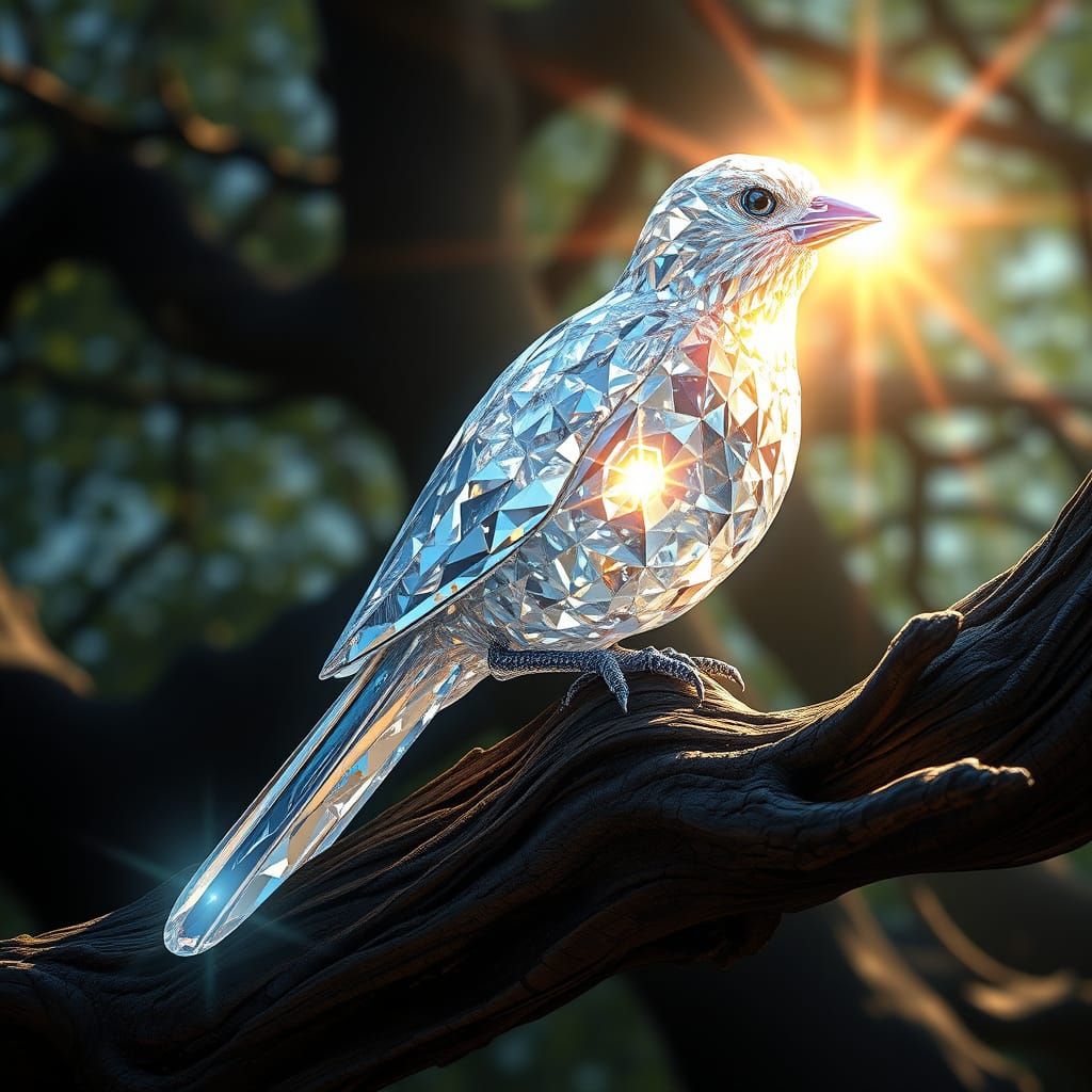 Diamond Bird on Ancient Branch, Hyperrealistic Digital Art