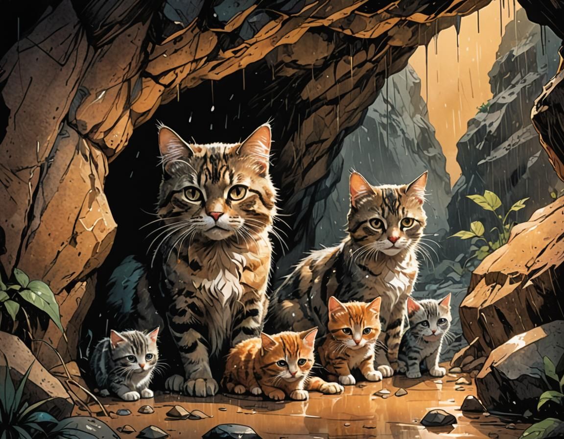 Cozy Cave: Mother Cat and Kittens in Comic Style