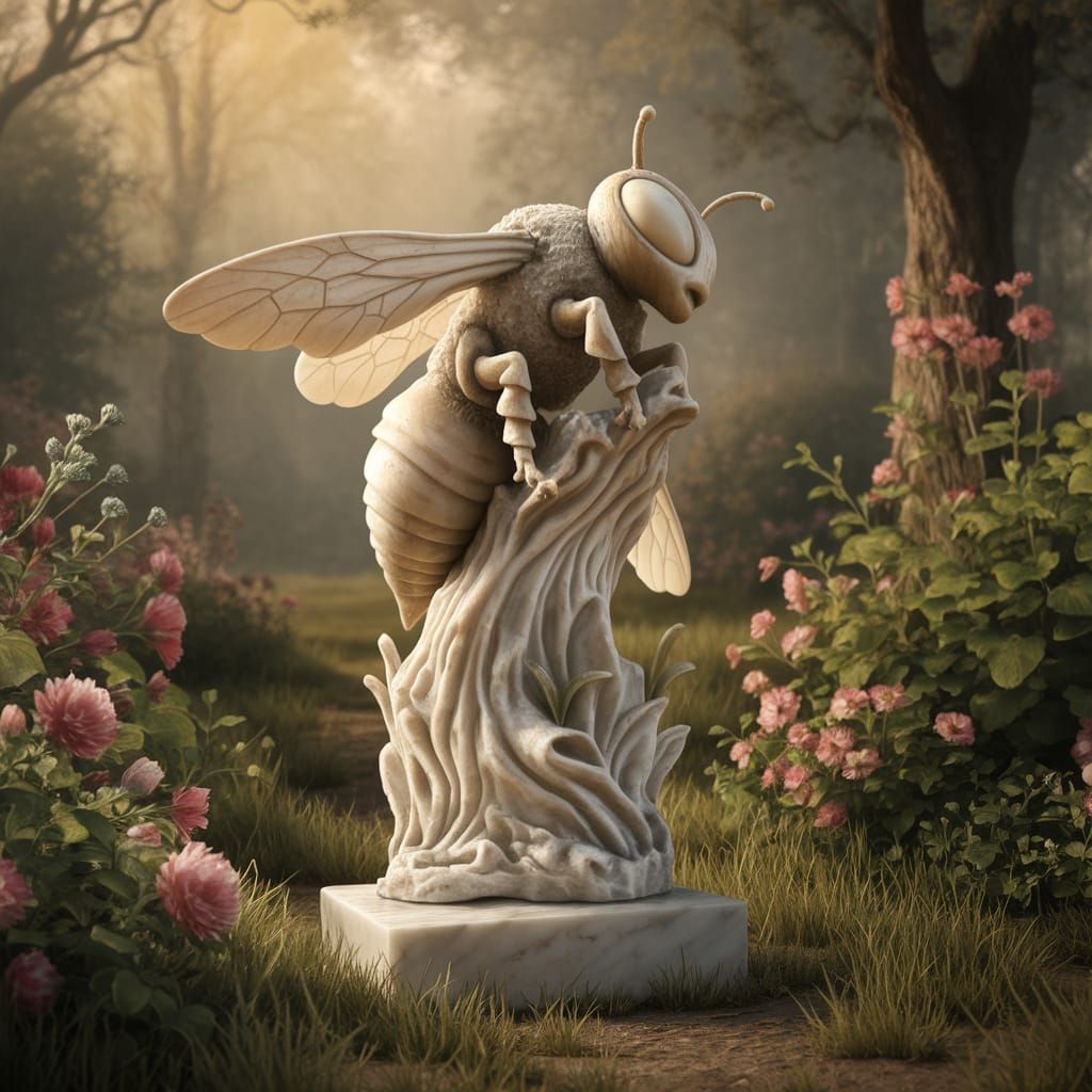 Ethereal Marble Bee Statue in Lush Forest Glade