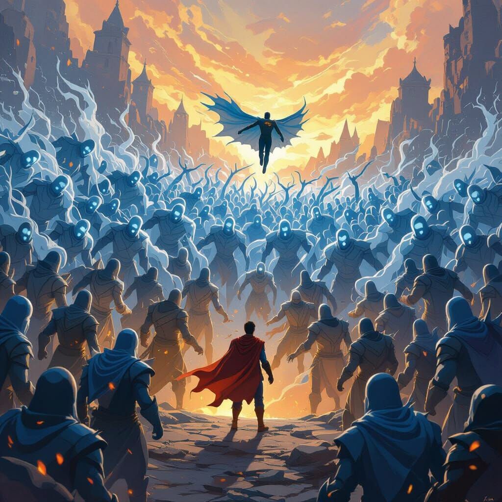 Superhero Ascends Wind Golem Army in Fantasy Matte Painting