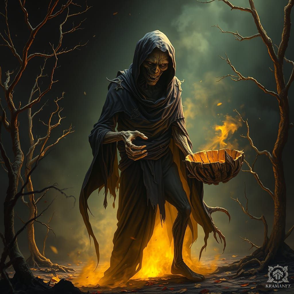 Spectral Figure in Dark, Eerie Landscape, Etched in Bold, Ri...