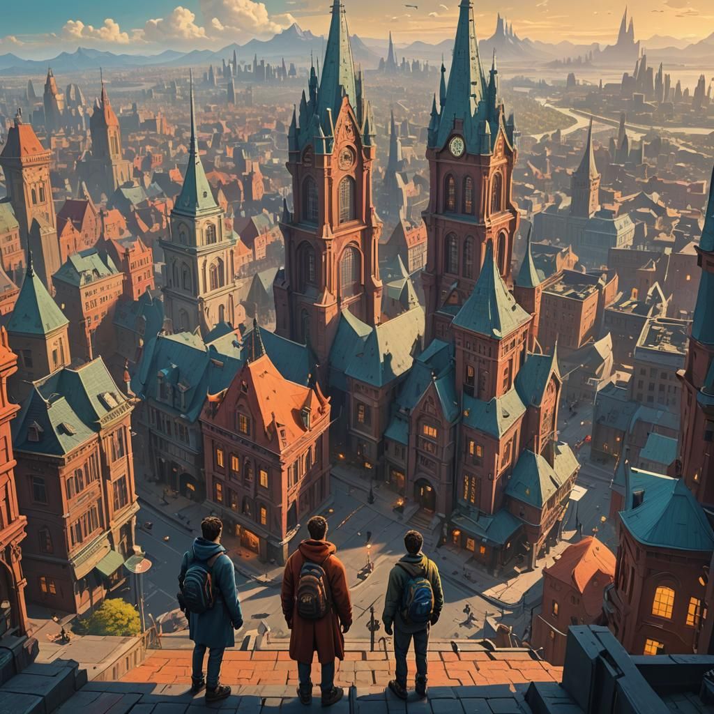 Fantasy Cityscape Featuring Two Figures