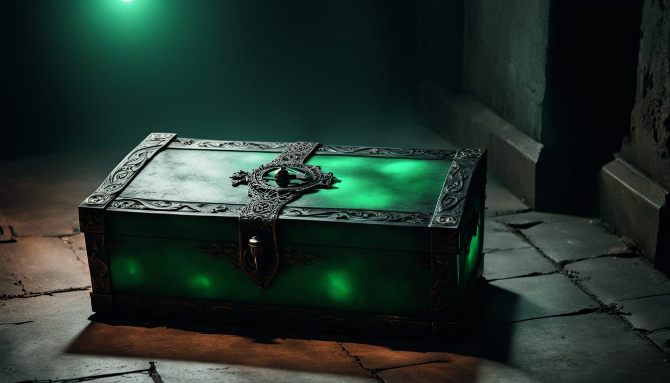 Ancient Wooden Chest Illuminated by Sickly Green Lantern