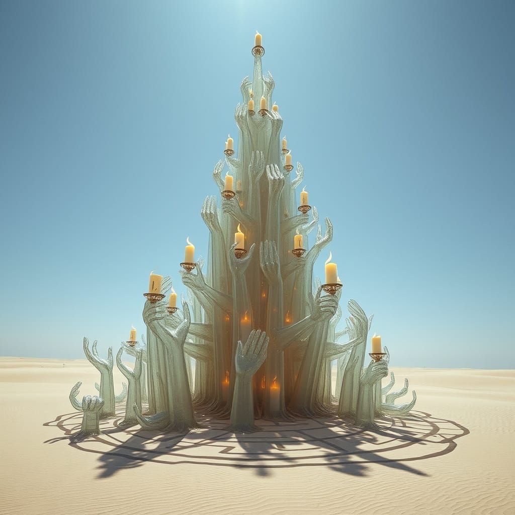 Glass Hand Tower in Surreal Desert Landscape