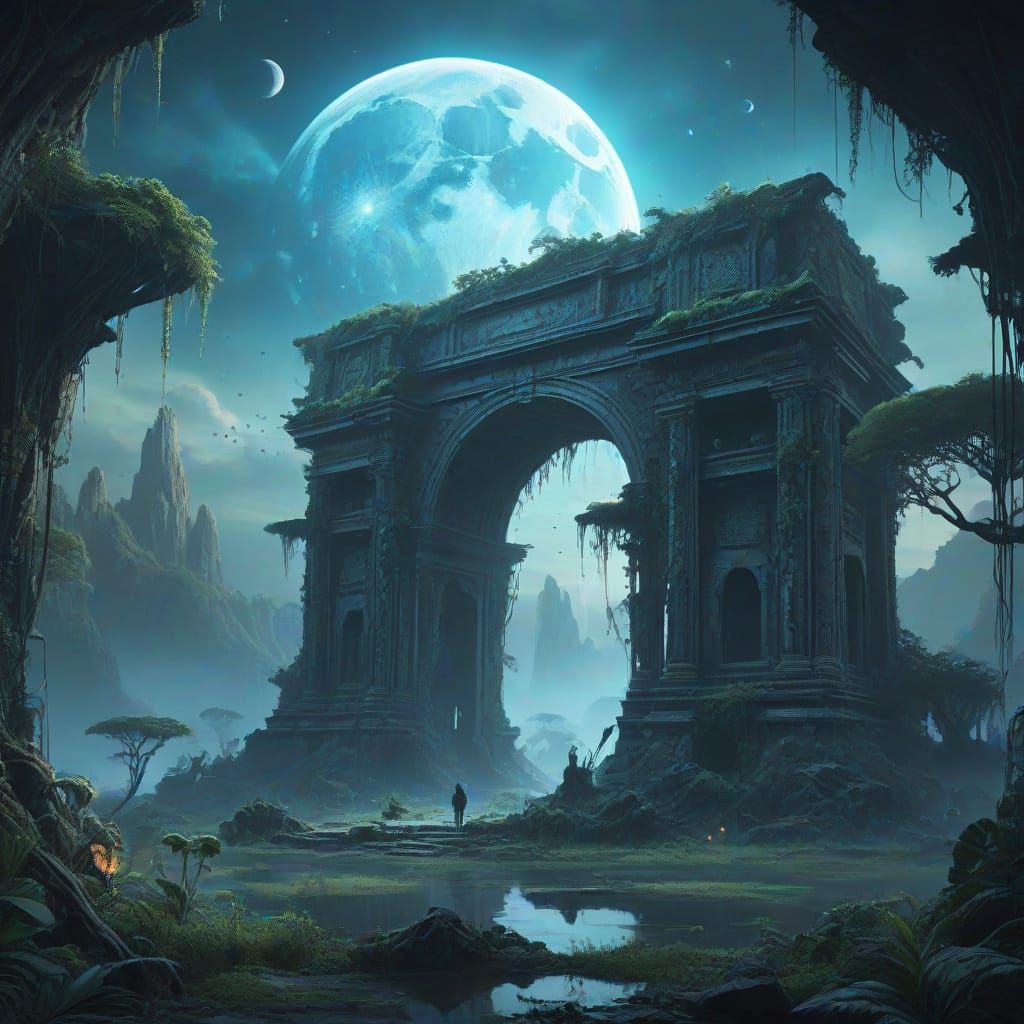 Bioluminescent Ruins on Alien Planet with Two Moons