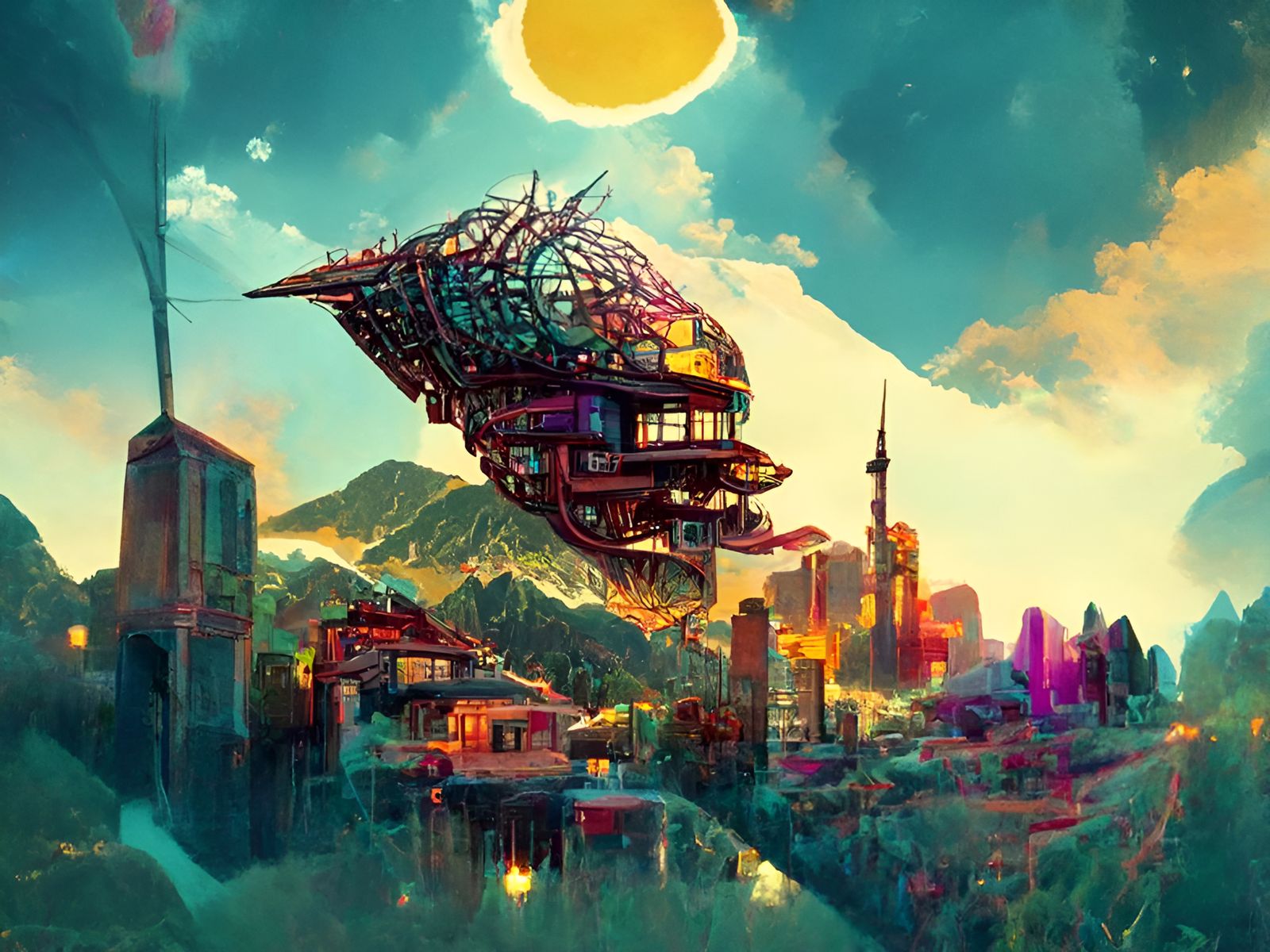 From the Archives: A highly detailed Cubo-futurism Solarpunk city with mountains as chillhop illustration, photomanipula...