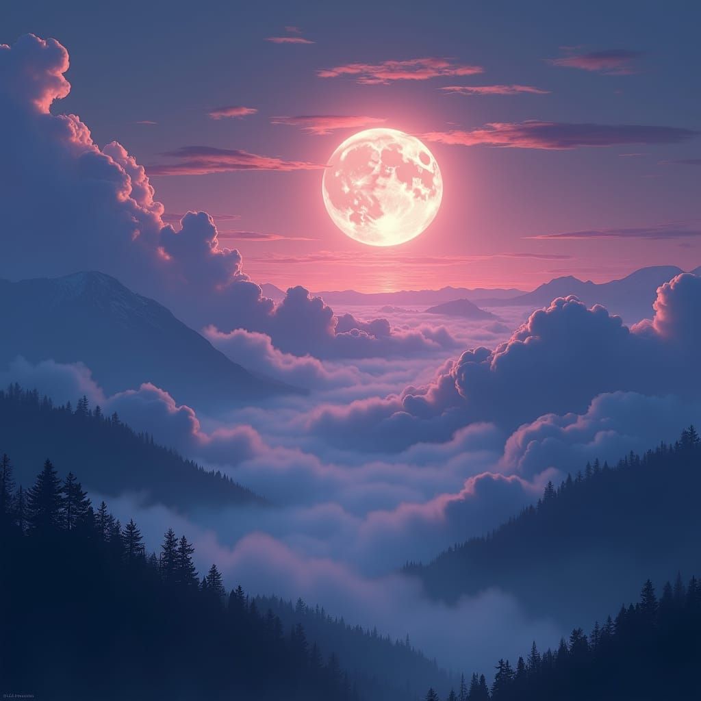 Dramatic Moonrise Over Misty Mountains