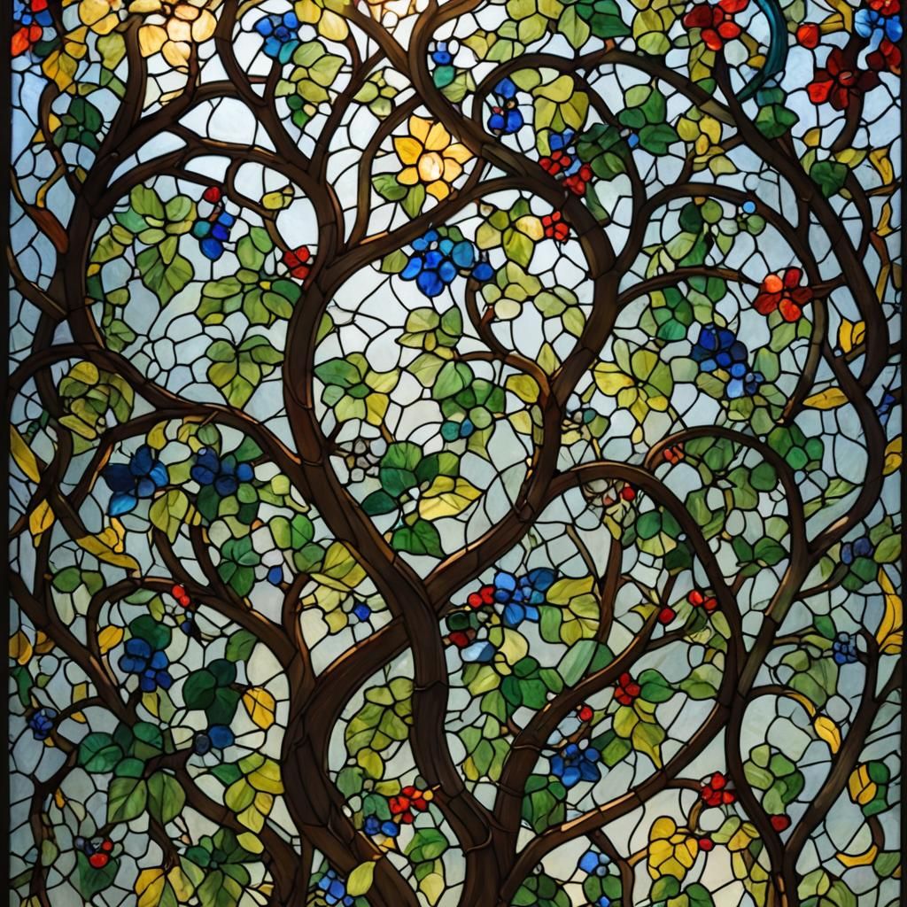 Intricate Stained Glass Window with Vines and Gemstones