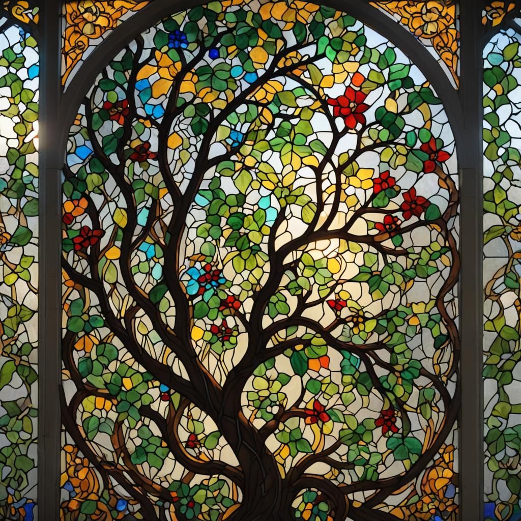 Glowing Stained Glass Window with Vines