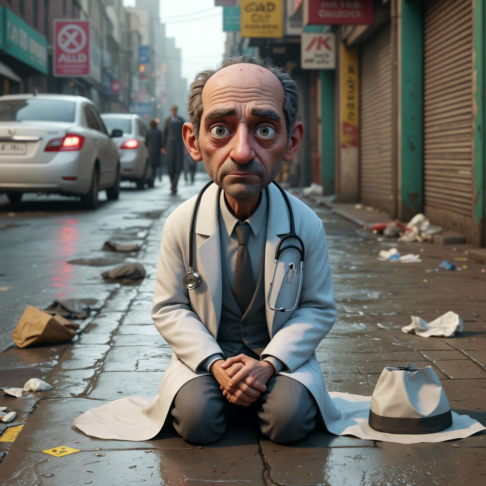 Melancholic Doctor on Urban Street, CGI Cartoon
